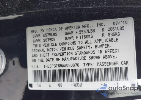 2010 Honda Accord 3.5 Ex-L z USA, uszkodzony, nr VIN 1HGCP3F89AA030876